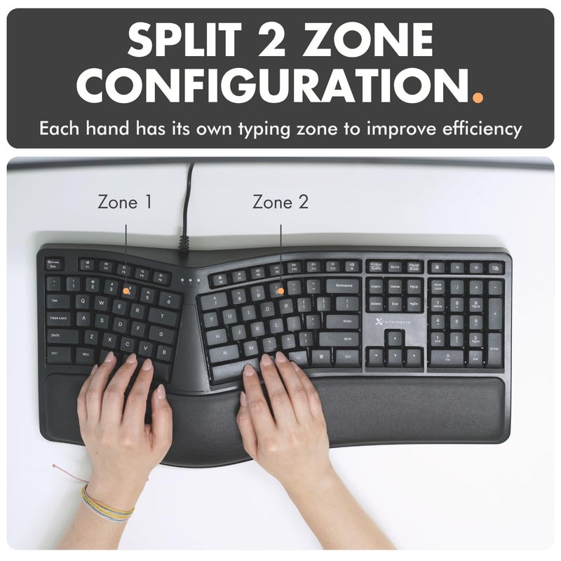 X9 Performance X9 Wired Ergonomic Keyboard with Cushioned Wrist Rest - Type Comfortably Longer - USB Wired Split Keyboard for Laptop, PC & Chrome Computer with 110 Ergo Keys & 5ft Cable - Image 4